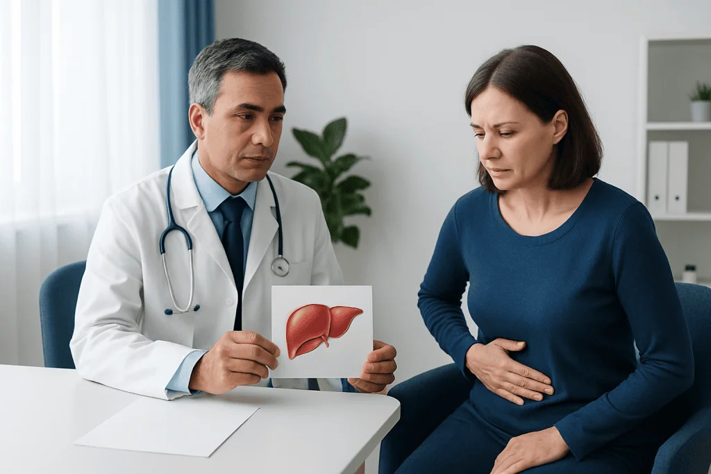 Doctor explaining liver health to a patient with a liver model.