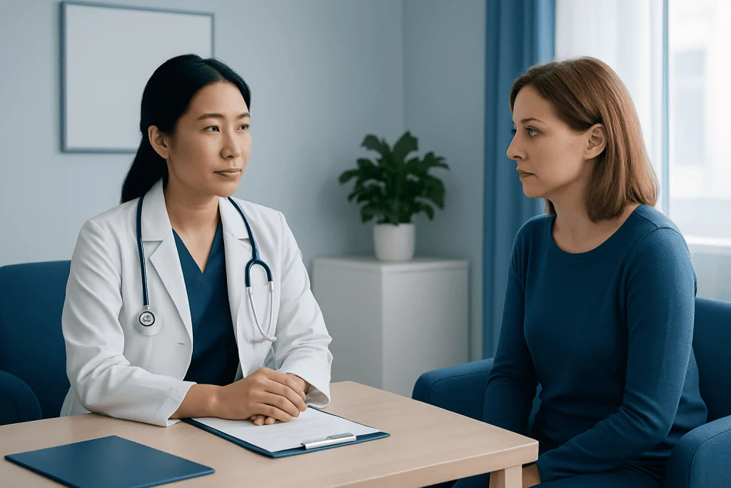 Doctor consulting with a patient in a medical office setting.