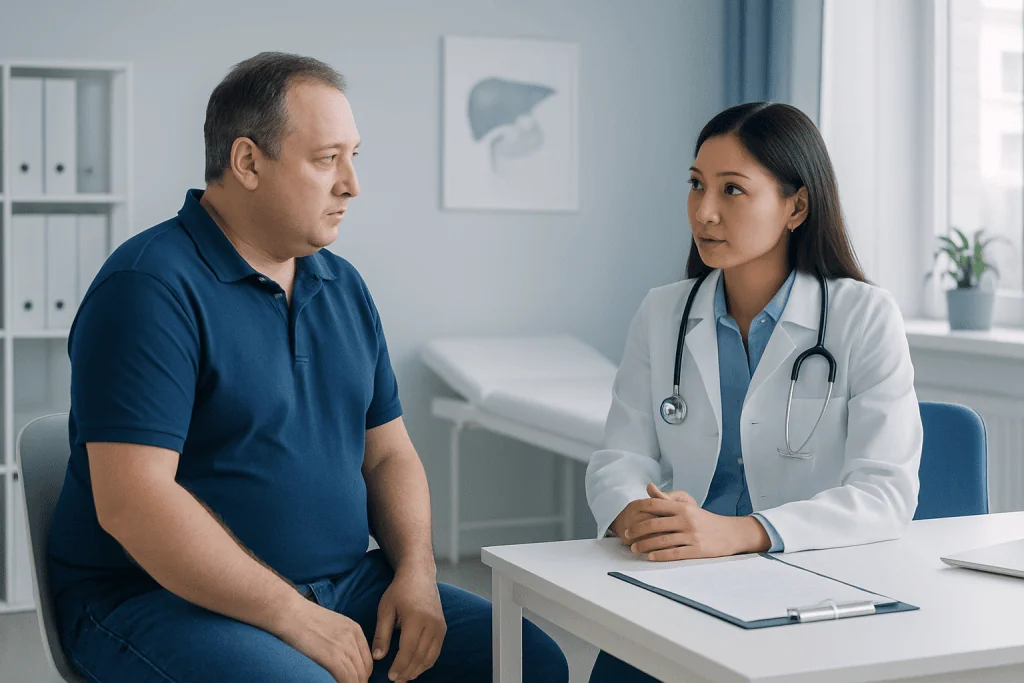 Doctor consulting patient about liver health in a medical office.