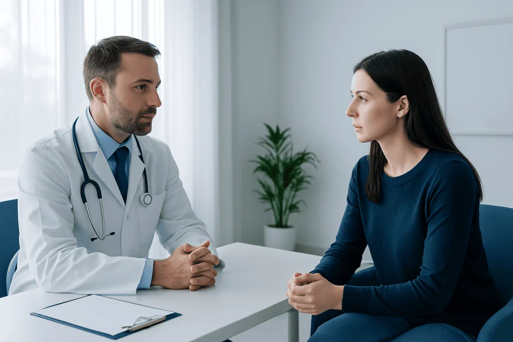 Doctor consulting with a female patient in a medical office setting.