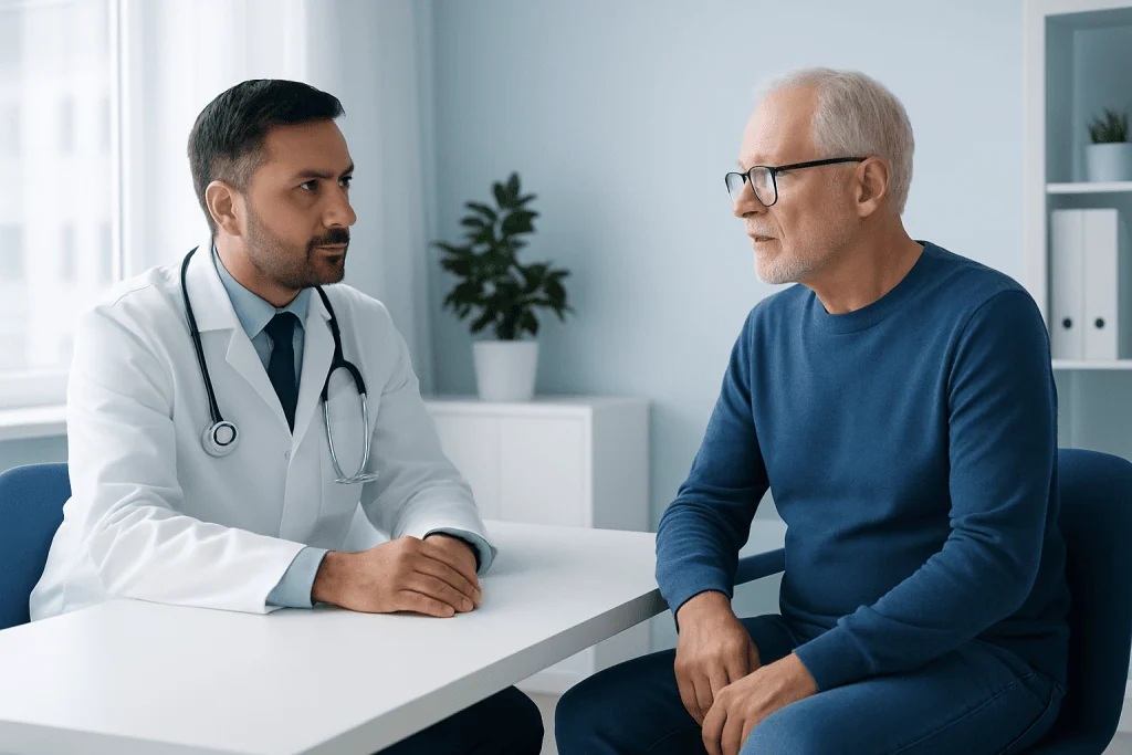 Doctor consulting with an elderly male patient in a modern clinic.
