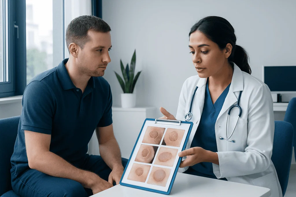 Doctor explaining skin fungus images to patient in consultation room.