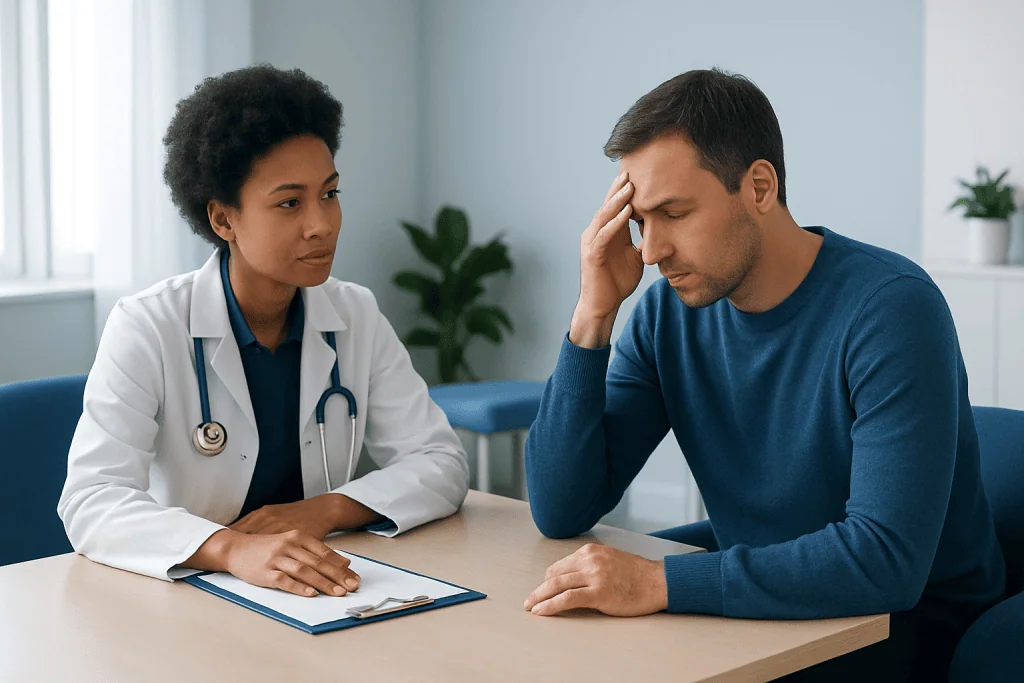Doctor consulting with a patient experiencing headache or confusion.