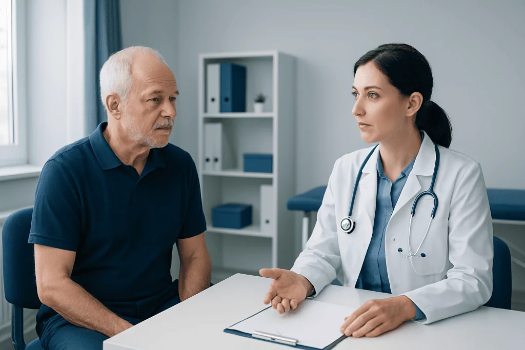 Doctor consulting with an elderly male patient in a medical office.