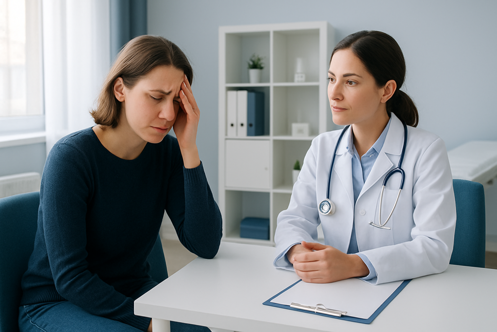 Patient experiencing headache during medical consultation at Acibadem Hospital.