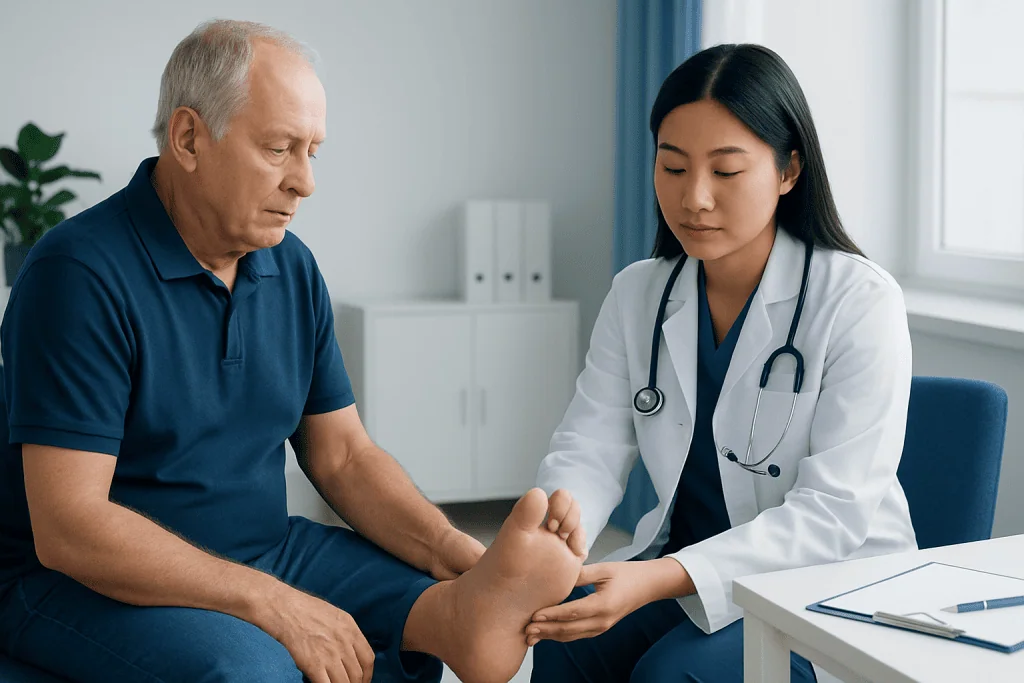 Doctor examining patient's swollen foot in a clinical setting.