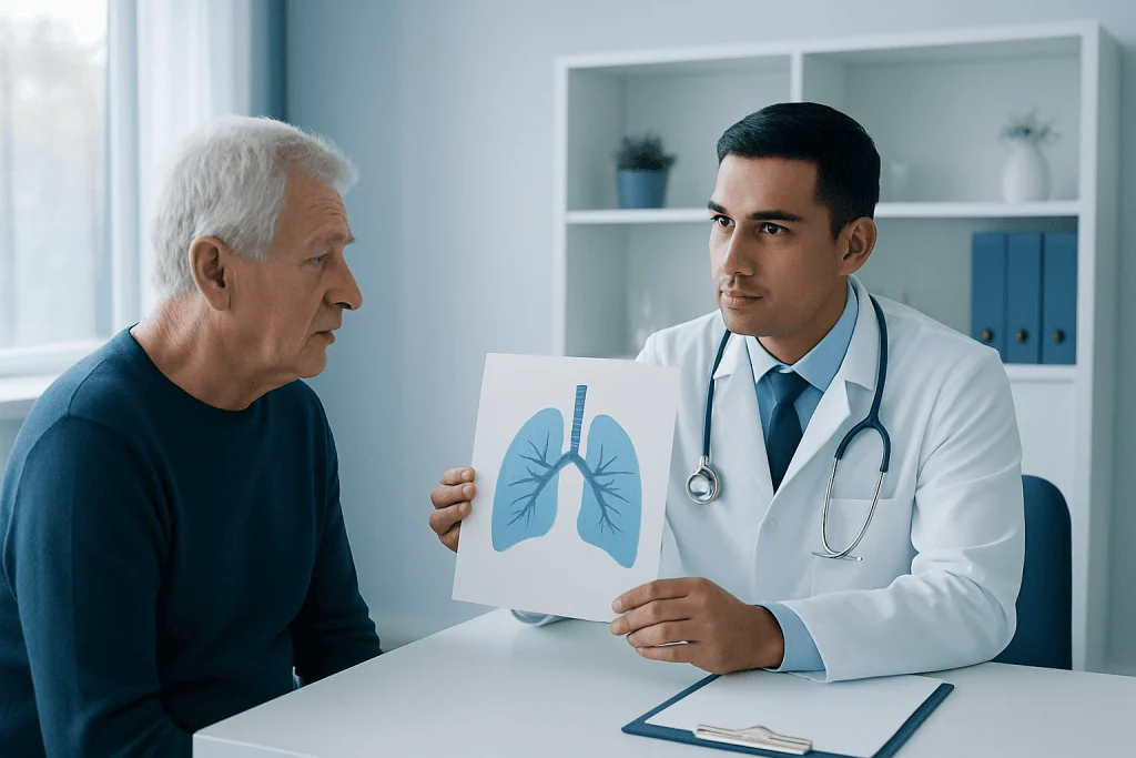 Doctor explaining lung health to an elderly patient with lung diagram.