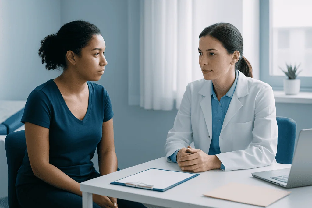 Doctor consulting with a patient in a medical office setting.