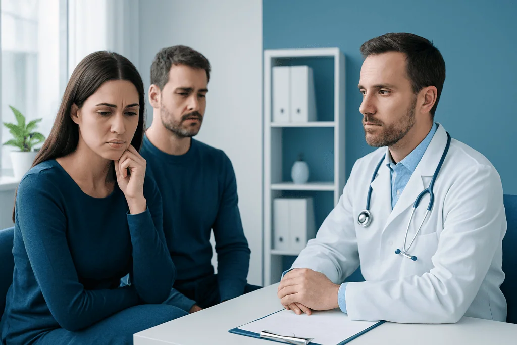 Doctor consulting with worried patients in a medical office.