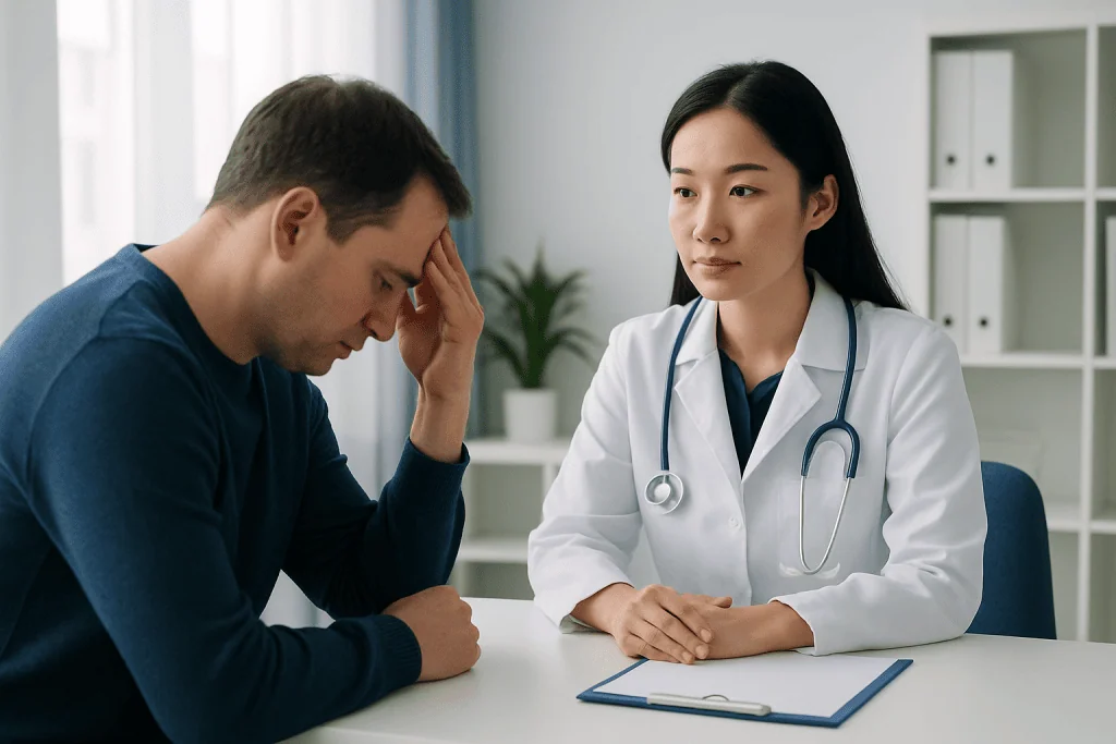 Doctor consulting with a patient about focus problems in a medical office.