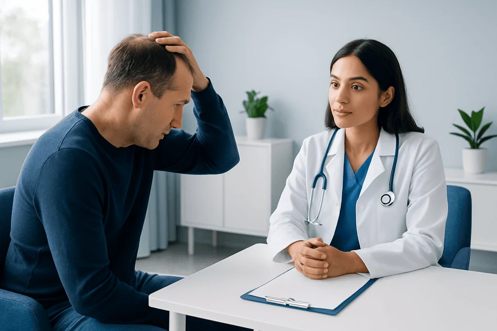 Doctor consulting with male patient about hair loss or scalp issues.