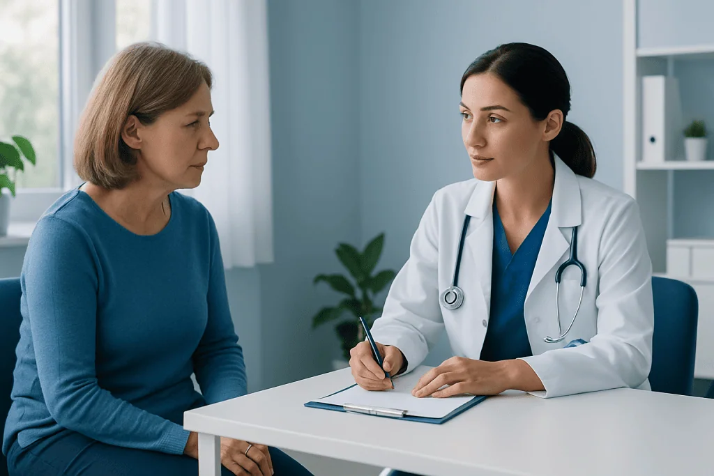 Doctor consulting with a female patient in a medical office setting.