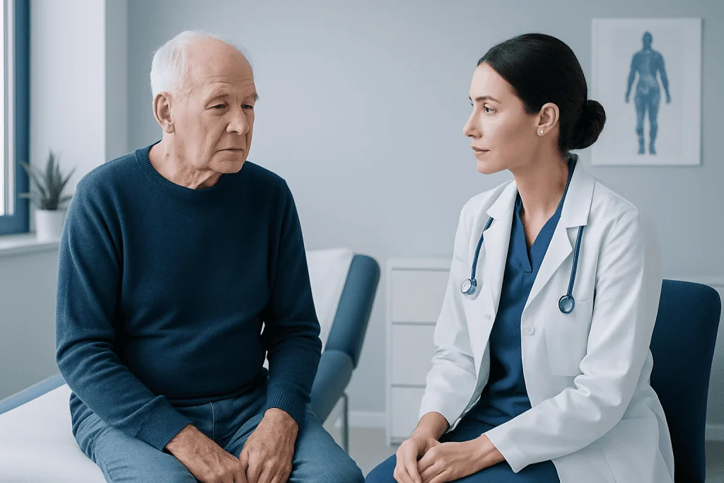 Geriatric patient consulting with a neurologist about muscle weakness.