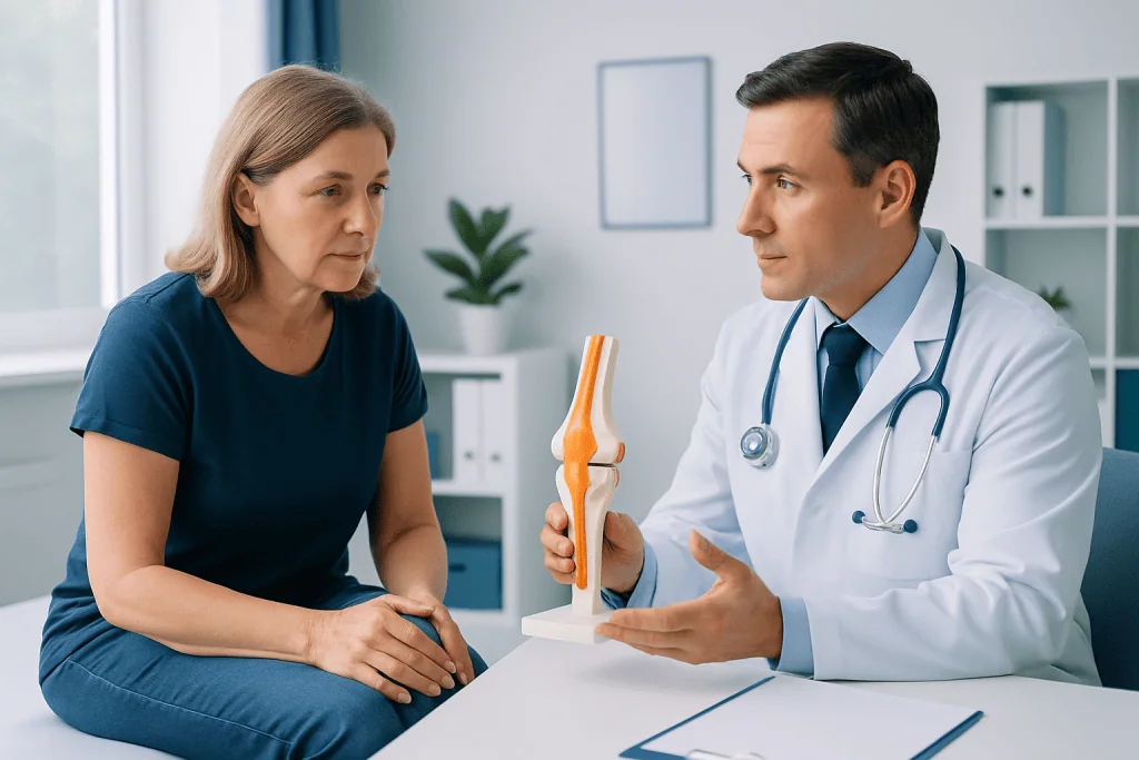 Orthopedic doctor explaining knee joint model to a patient in a clinic.