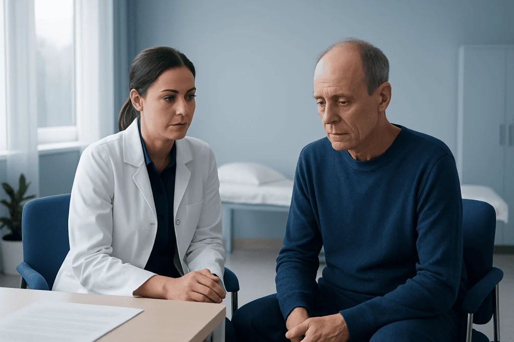 Doctor consulting with an elderly male patient in a medical office.