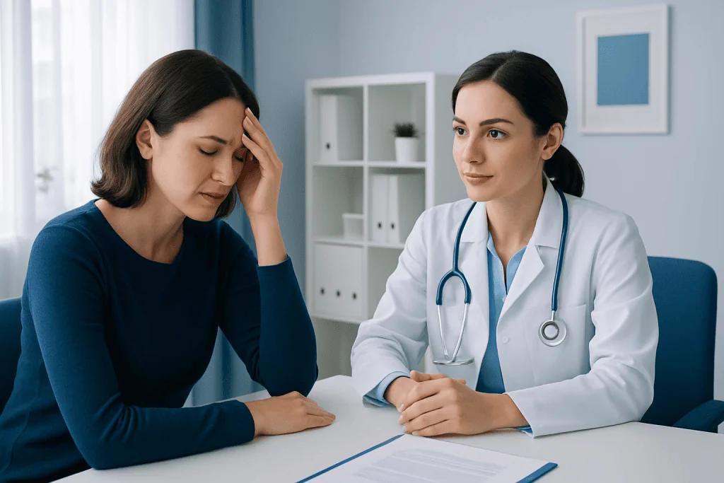 Doctor consulting with a woman experiencing headache in a medical office.