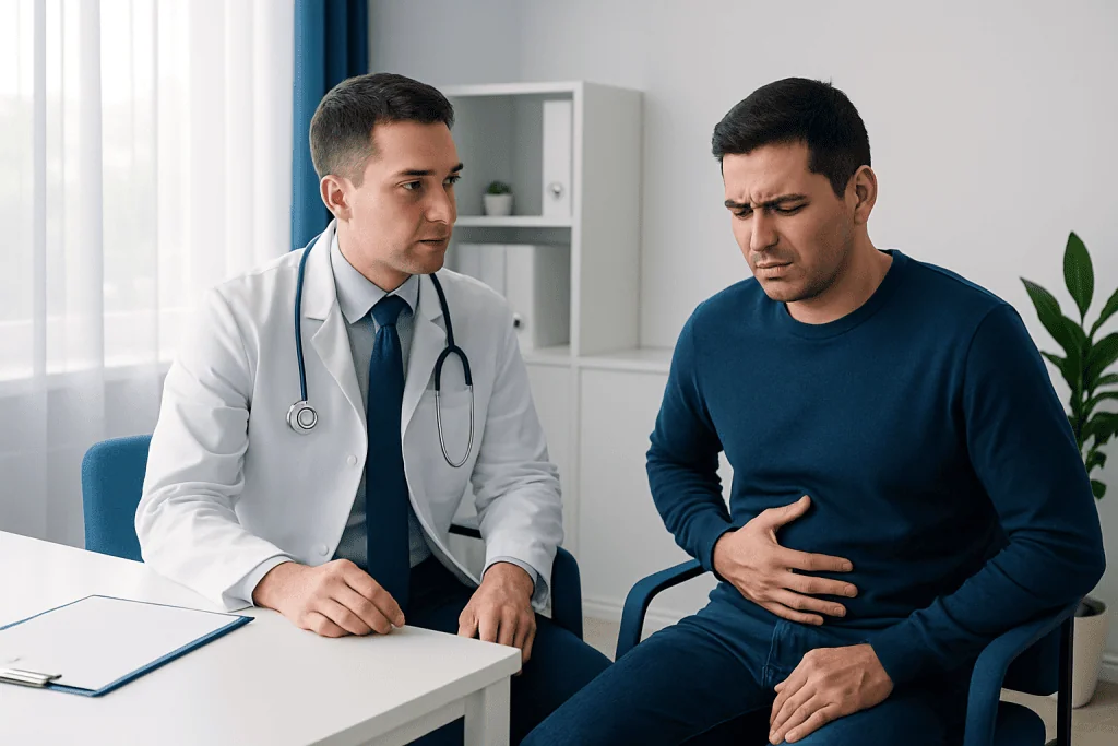 Doctor consulting with a patient experiencing stomach discomfort in a clinic.