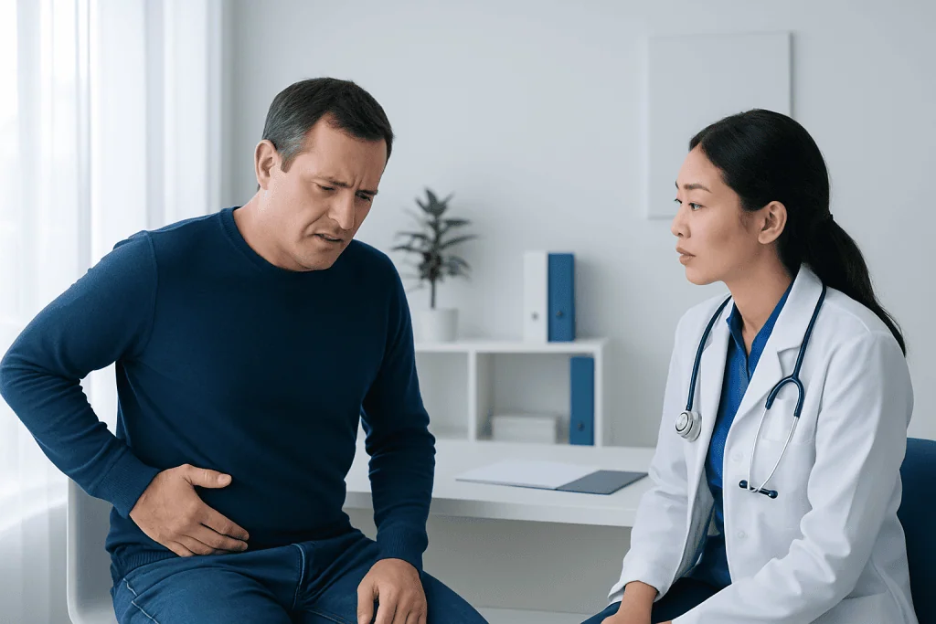 Patient experiencing abdominal pain during consultation at hospital.