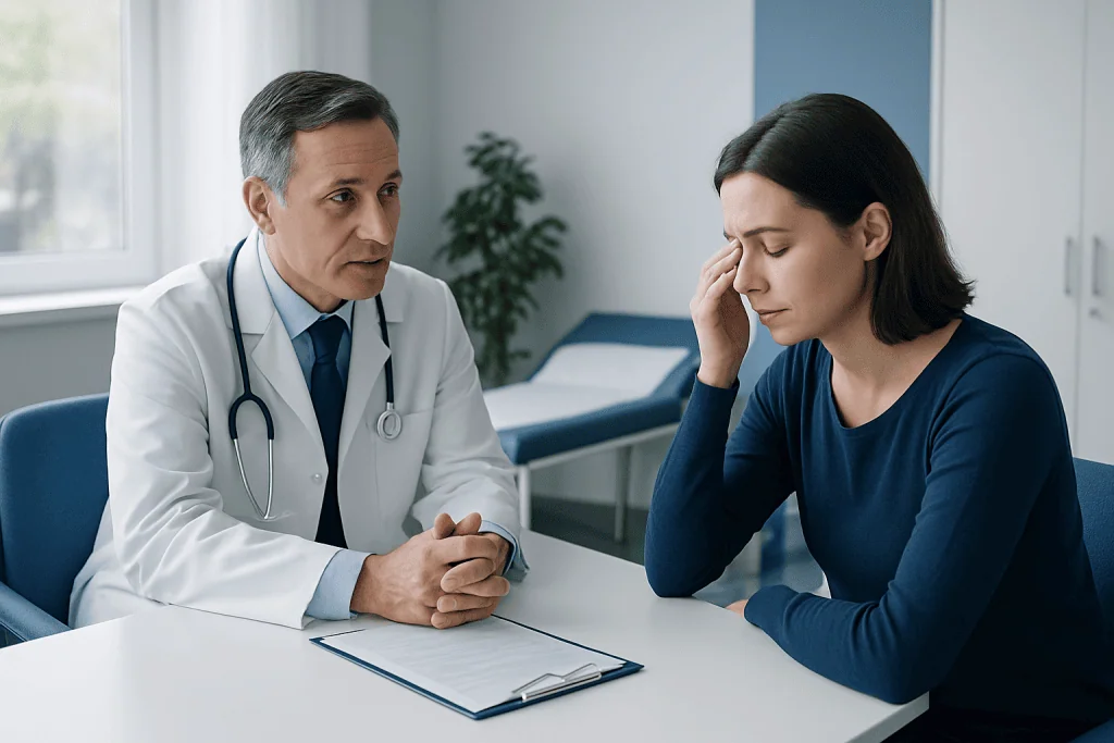Doctor consulting with a woman patient about eye twitching symptoms.