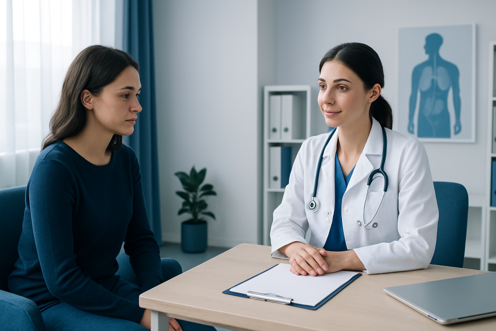 Doctor consulting with a patient in a modern medical office.