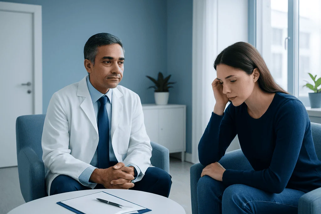 Doctor consulting with a patient about anxiety in a clinical setting.