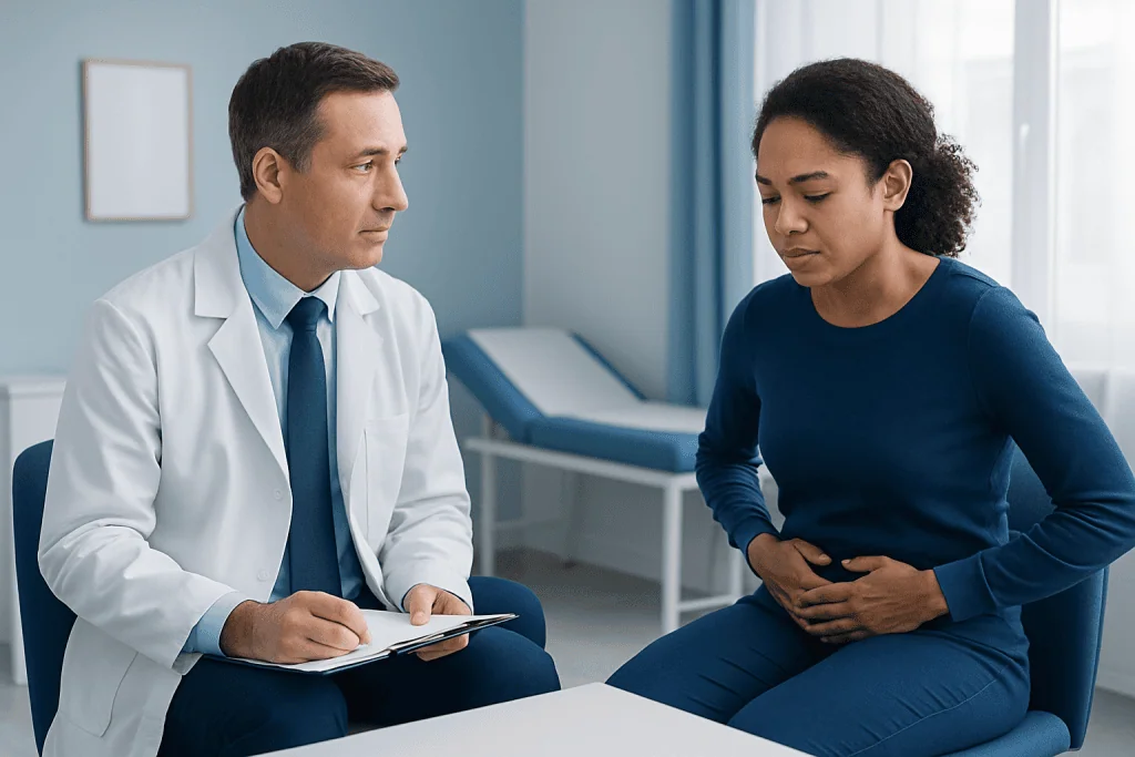 Doctor consulting with a woman about lower back pain in a medical office.