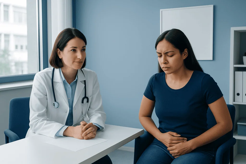 Doctor consulting a patient with stomach pain in a clinic setting.