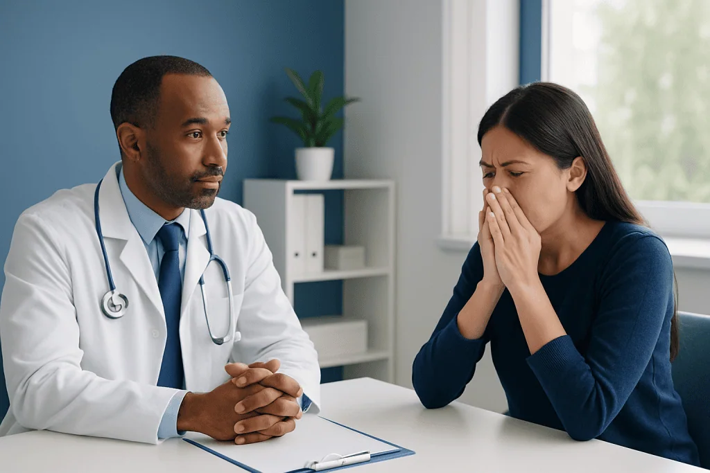Doctor consulting with a woman about sneezing and allergies.