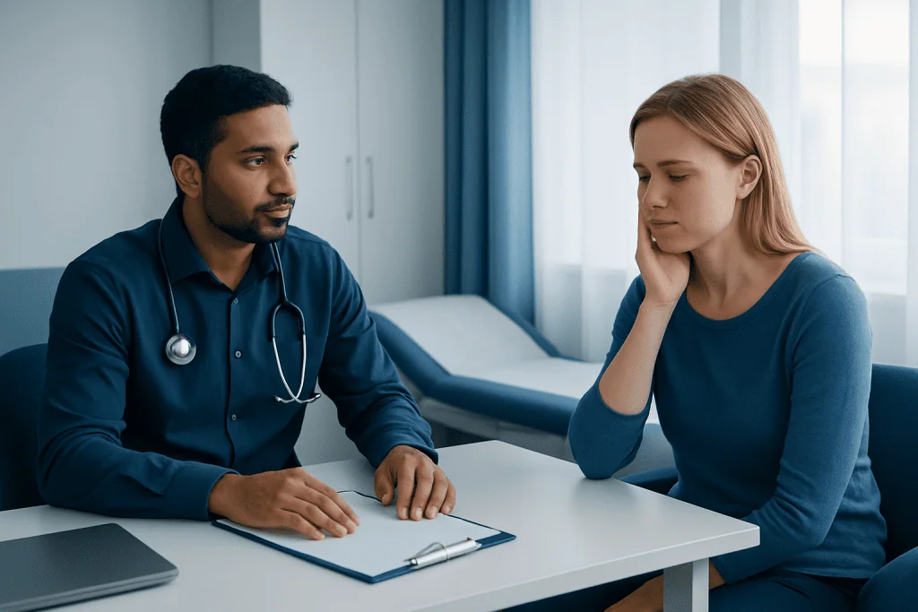 Doctor consulting with a patient about facial numbness symptoms in a clinic.