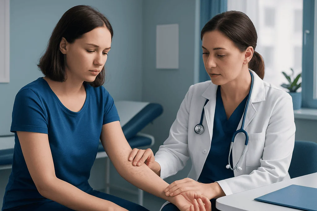 Doctor examining patient's arm in a medical consultation room.