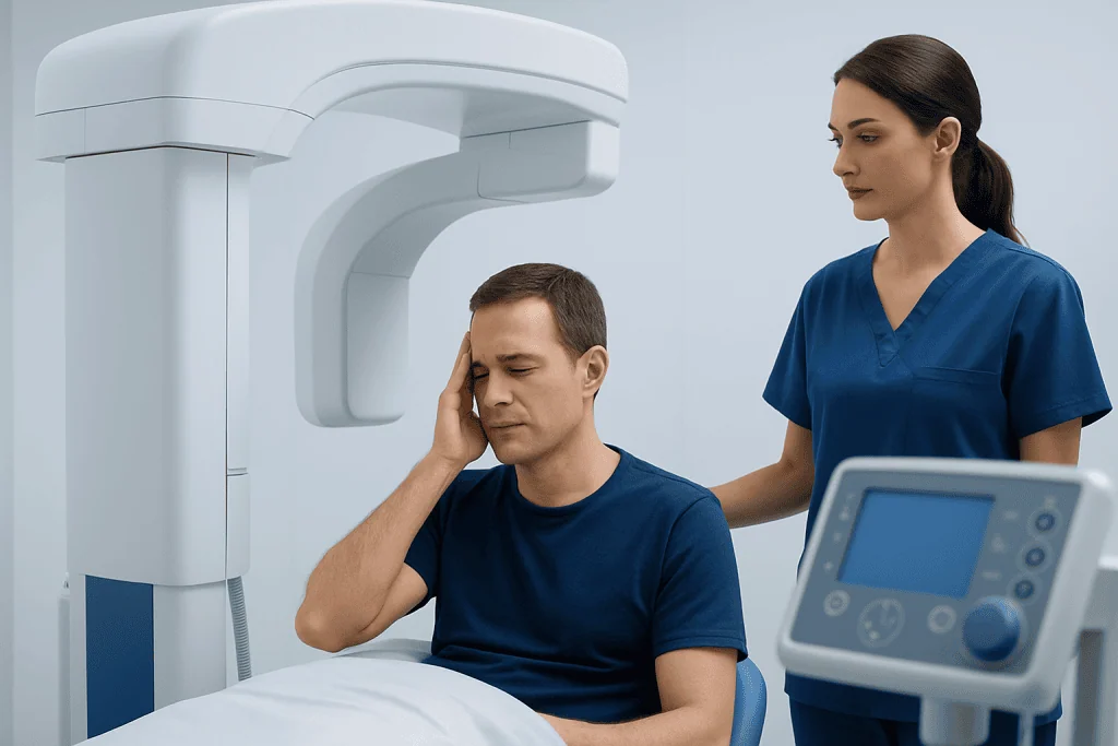 Patient undergoing a medical scan for headache assessment at Acibadem Hospital.