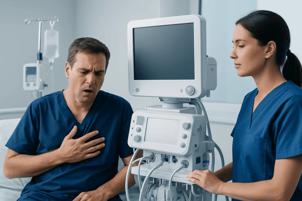 Patient experiencing chest pain during medical examination at hospital.