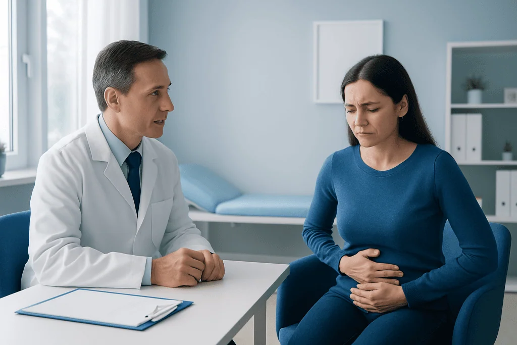 Doctor consulting with a woman experiencing stomach pain in a medical office.