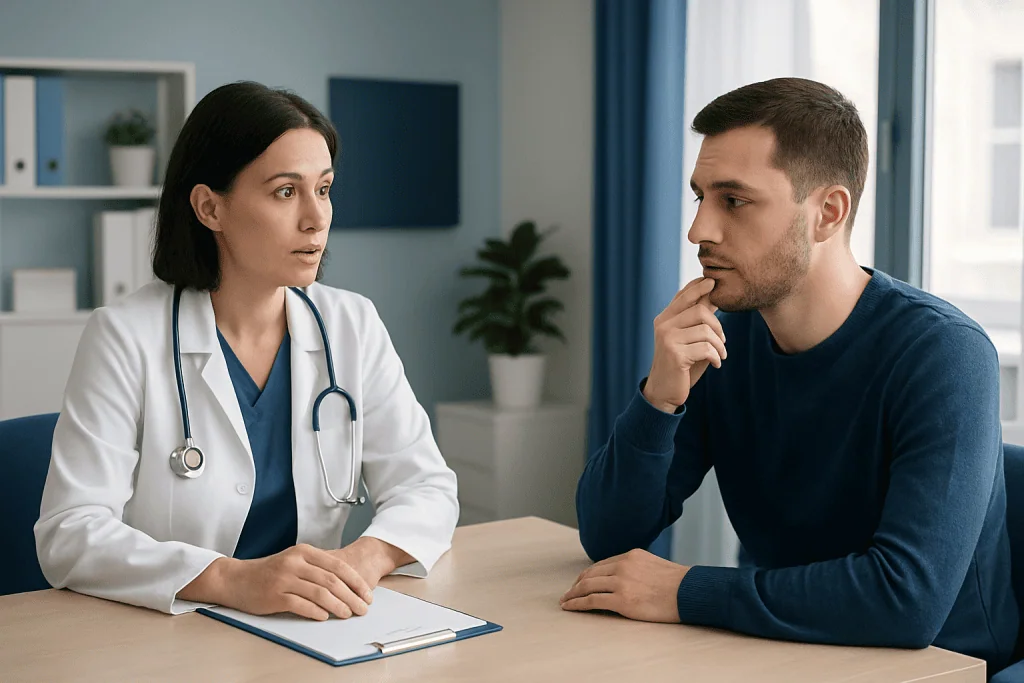 Doctor consulting with a patient about mouth sores in a medical office.
