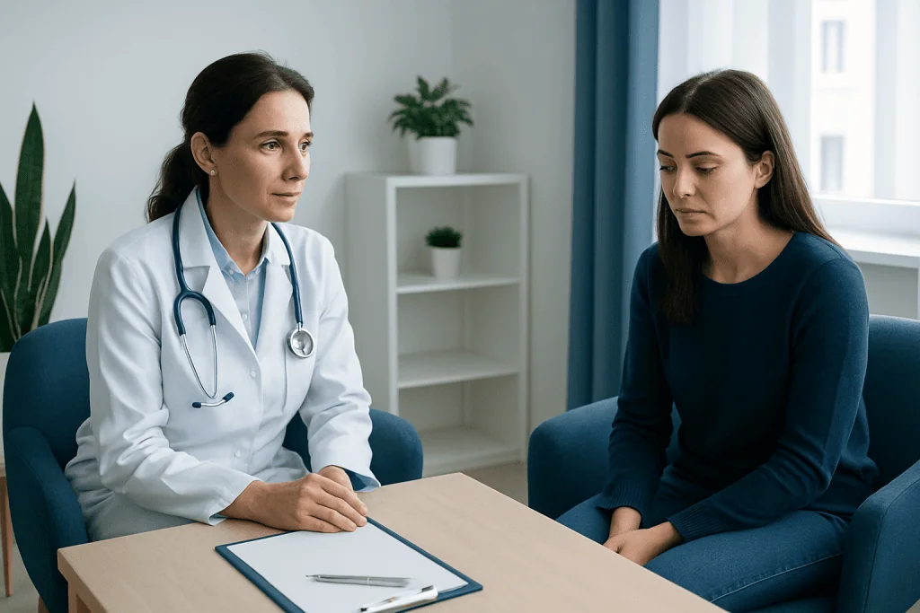 Doctor consulting with a patient about mental health in a clinic setting.