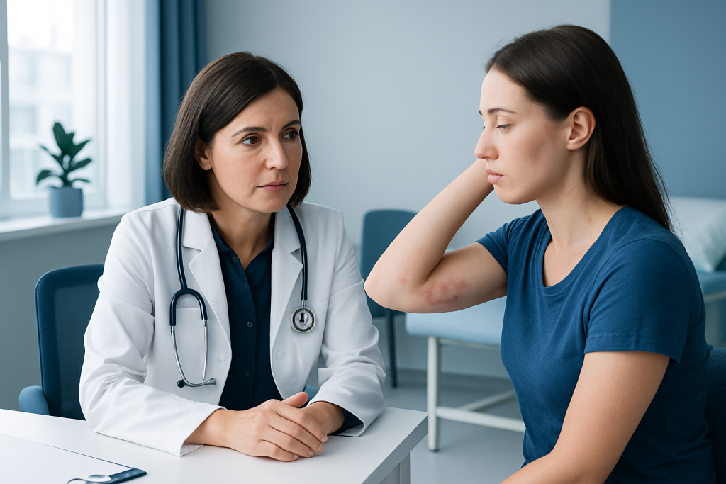 Doctor consulting with a young woman in a medical office setting.