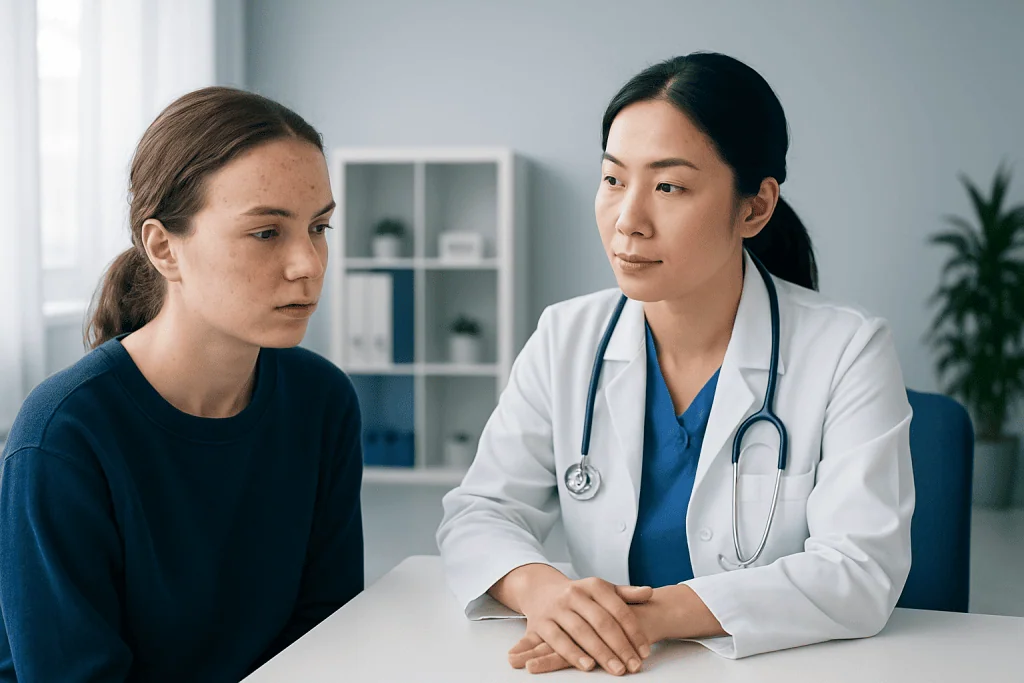 Doctor consulting with a young female patient in a medical office.