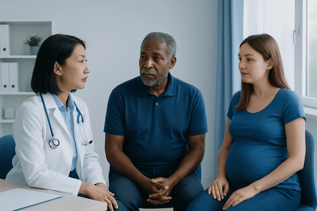 Doctor consulting with a pregnant woman and her partner in a medical office.
