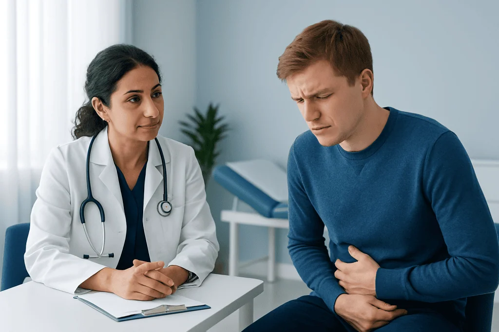 Doctor consulting with a patient experiencing stomach discomfort.