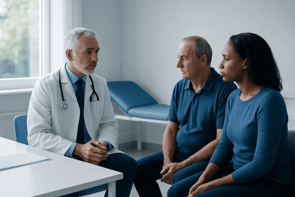Doctor consulting with a patient and companion in a hospital room.