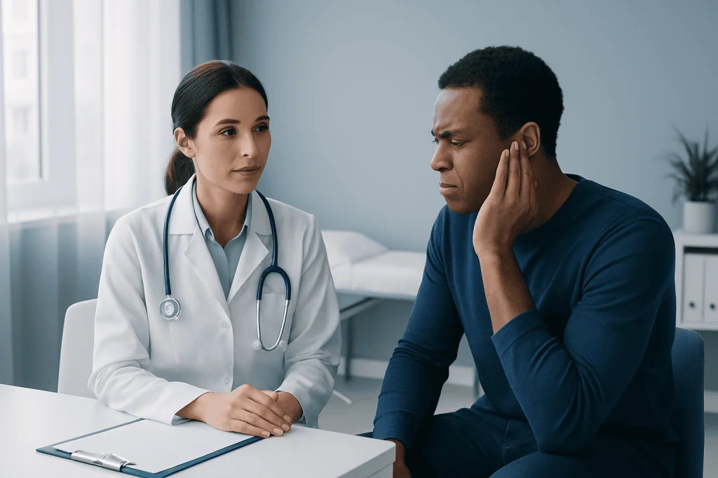 Doctor consulting patient about ear pain in a clinical setting.