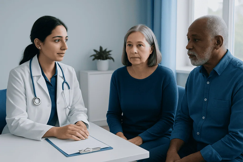 Doctor consulting with middle-aged couple in a medical office.