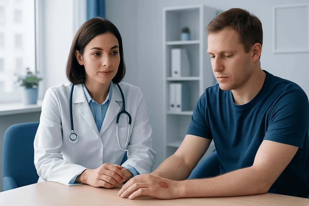 Doctor examining a patient's blistered skin on his arm in a clinic setting.