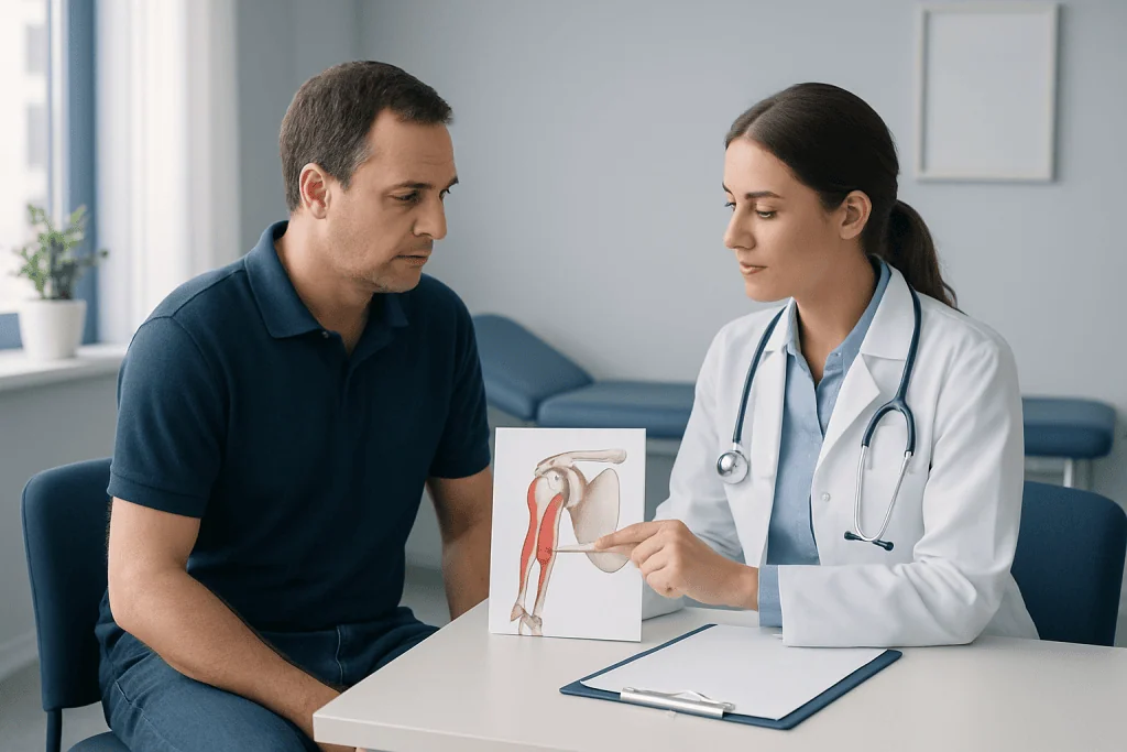 Doctor explaining biceps tenodesis to patient with anatomical model.