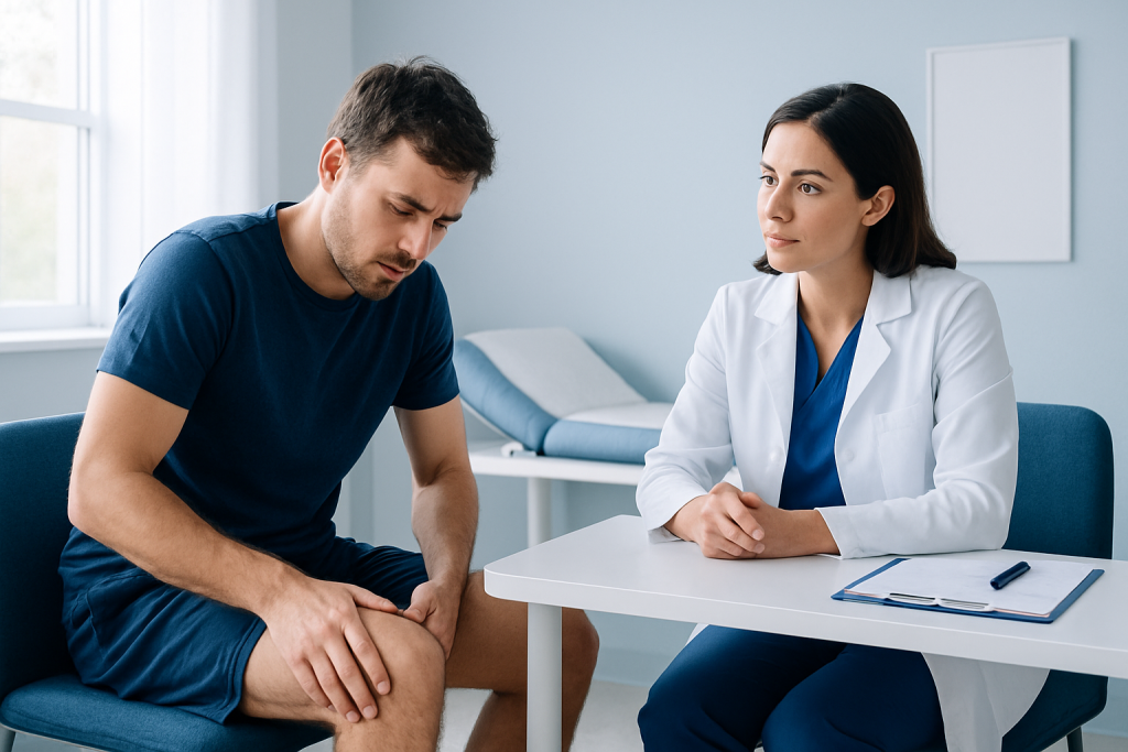 Doctor consulting with a patient experiencing knee pain in a clinical setting.