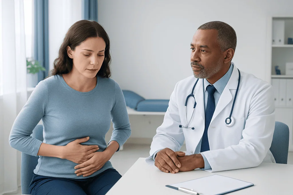 Doctor consulting with woman experiencing stomach pain in a medical office.