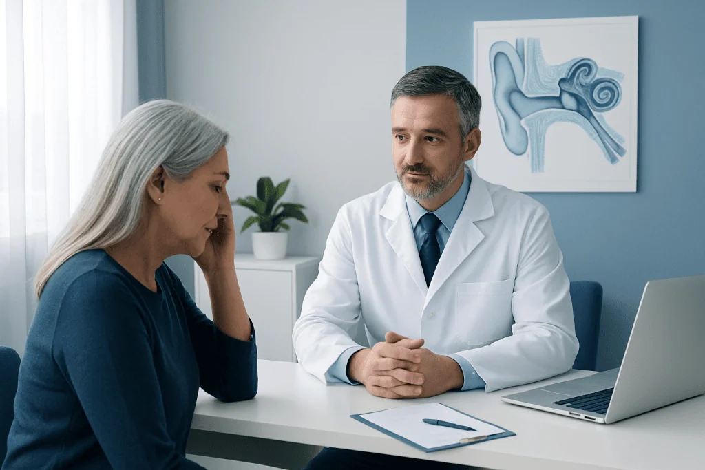 Doctor consulting with an elderly woman about ear health issues.