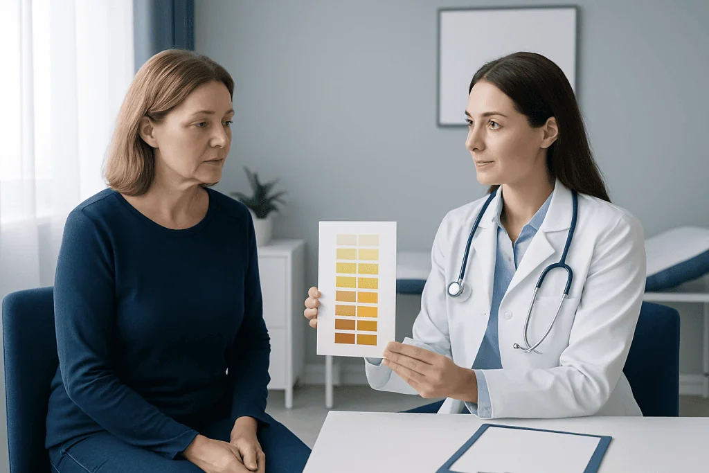 Doctor explaining urine color chart to a patient in a medical consultation room.