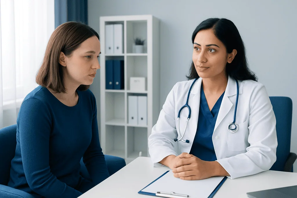 Doctor consulting with a patient in a modern medical office.