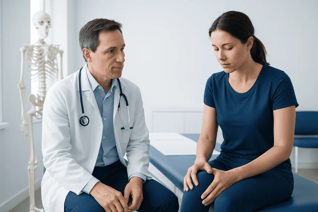 Doctor consulting with a patient about knee pain in a clinical setting.